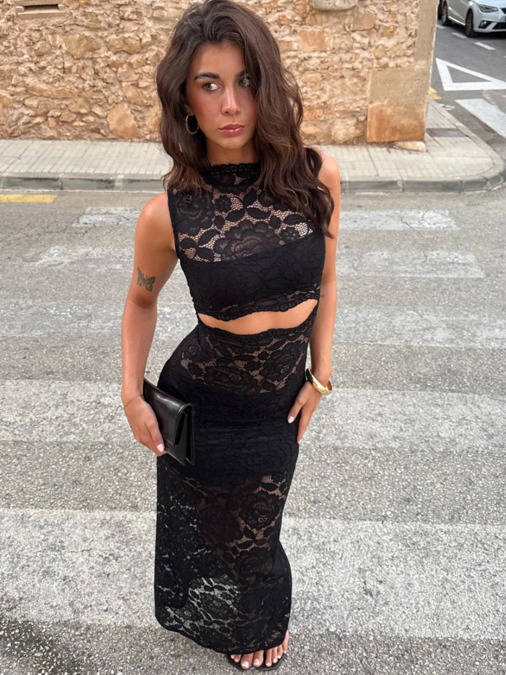 AYA-S Lydia Lace Maxi Dress XS / Small Black NWT Floral Sleeveless High Neck
